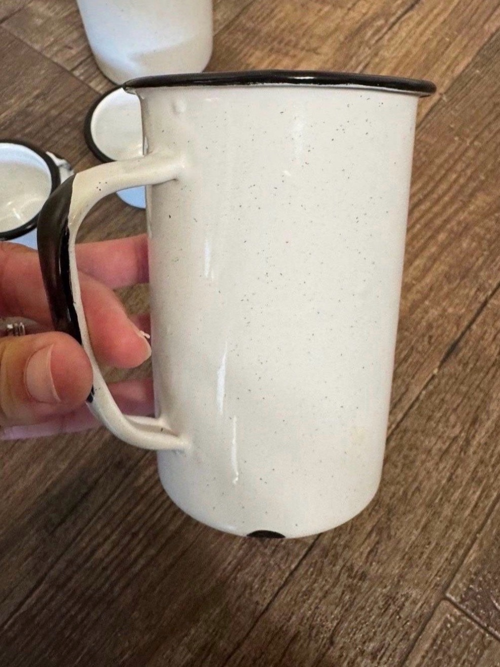 White Speckled Enamel Mug Set w/ Black Rim - 2 Large coffee and 2 espresso cups. - Picture 5 of 10